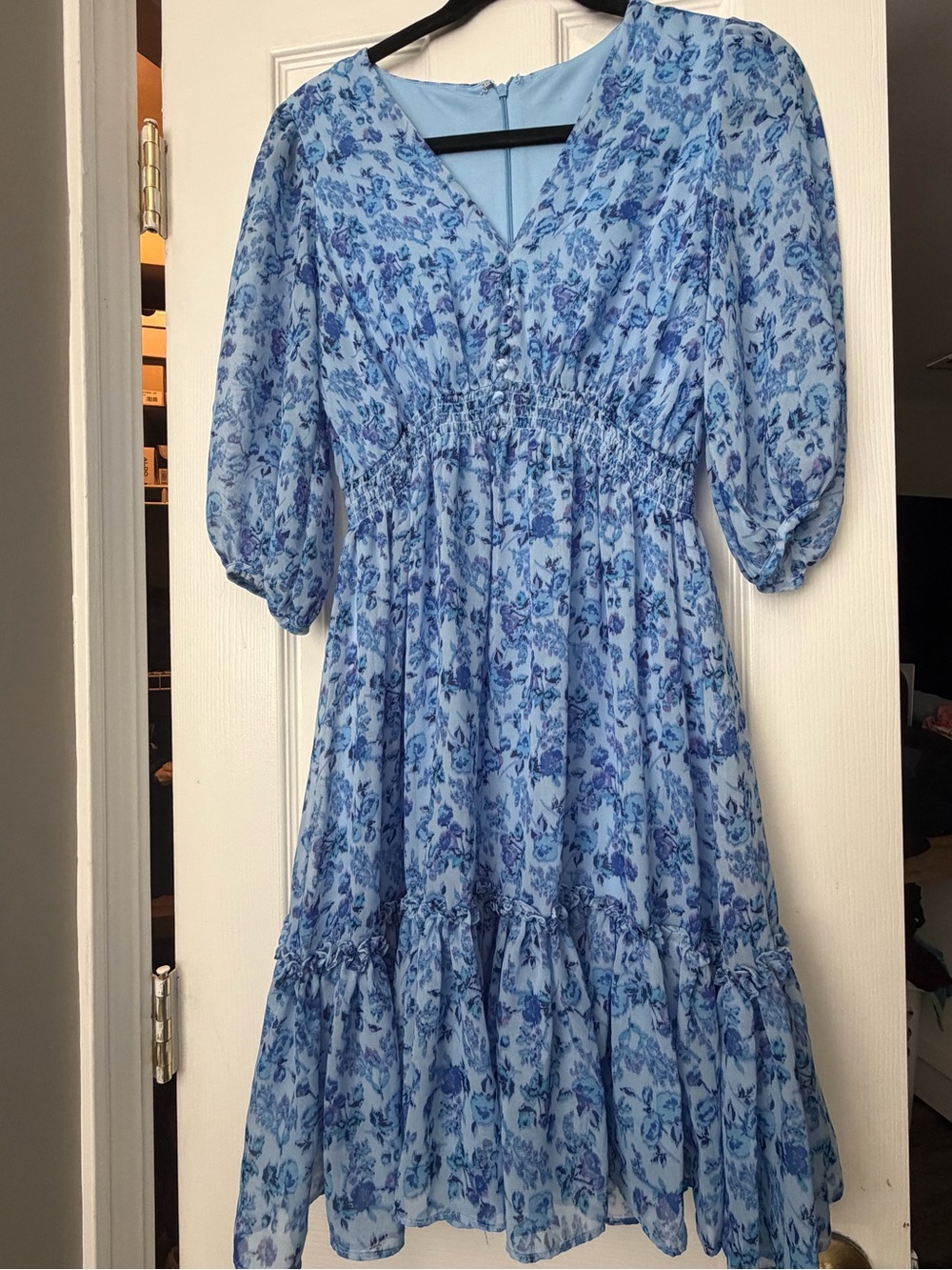 Light Blue Floral V-Neck Smocked Waist Dress